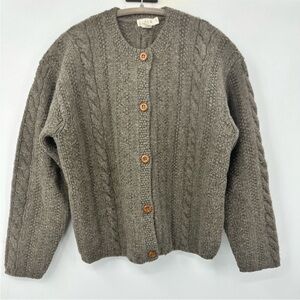VTG J Crew Cable Knit Cardigan Wool Fisherman Sweater 90s Buttons Gray Medium